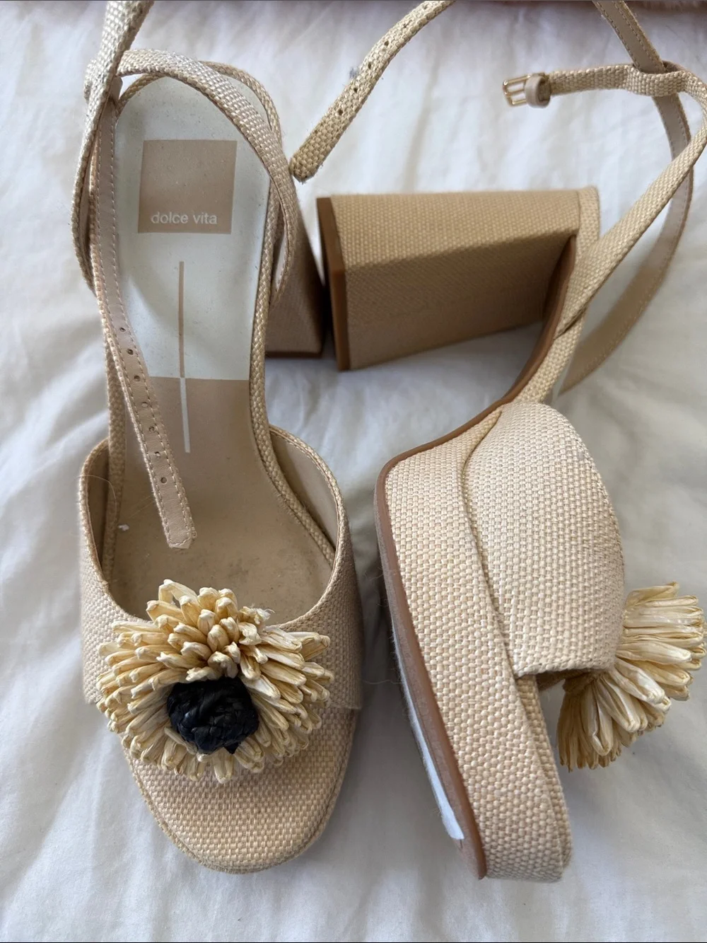 Dolce Vita Neutral Raffia Platform Sandals with Pom Accent